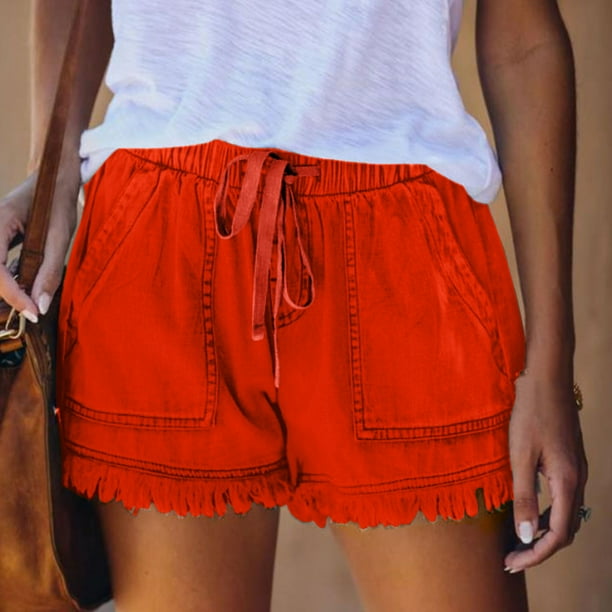 Owordtank with Pockets Tie Knot Summer Jean Shorts for Women Casual Solid Color Flat Front Shorts