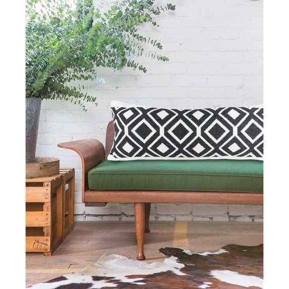 Laddha Home Designs Handwoven Bold Diamond Cotton Lumbar Pillow Cover - 36" - Black and White