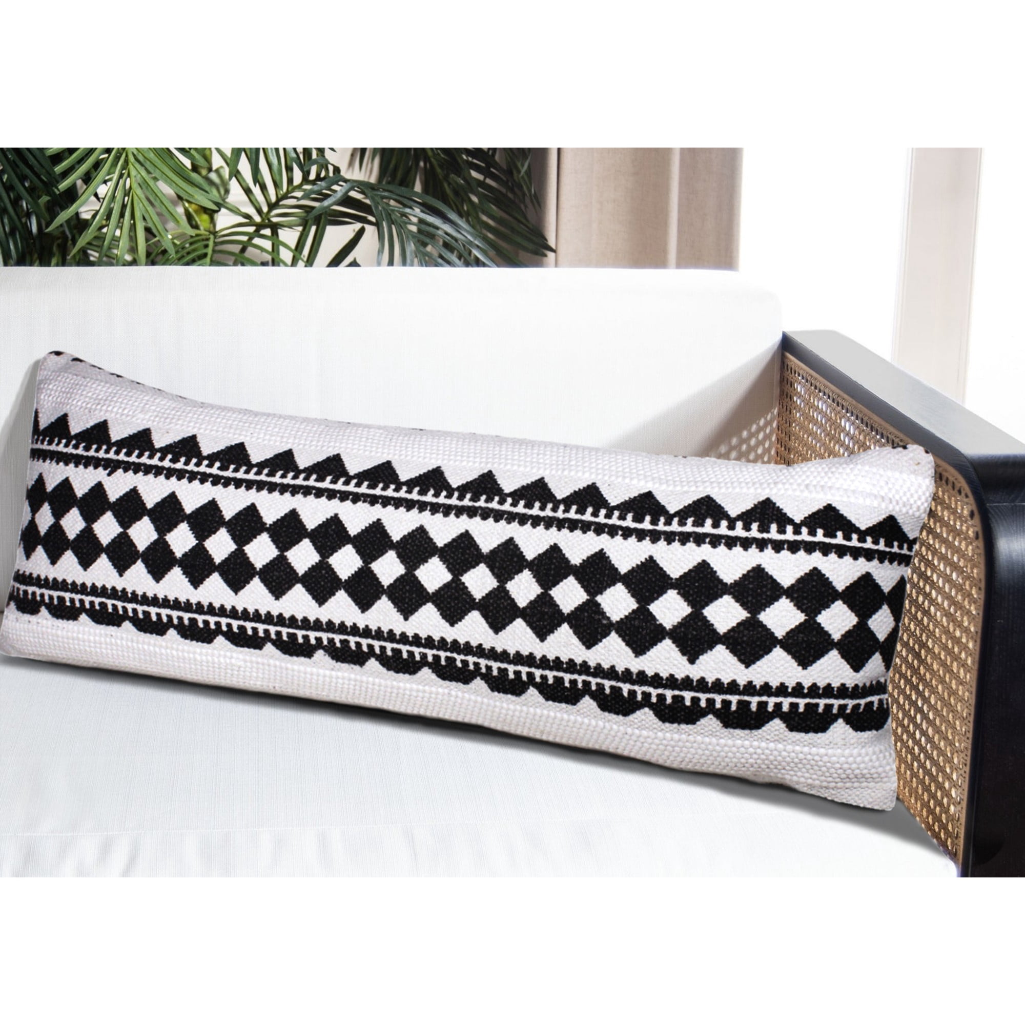 Laddha Home Designs Handwoven Geometric Diamond Lumbar Pillow Cover - 36" - White and Black