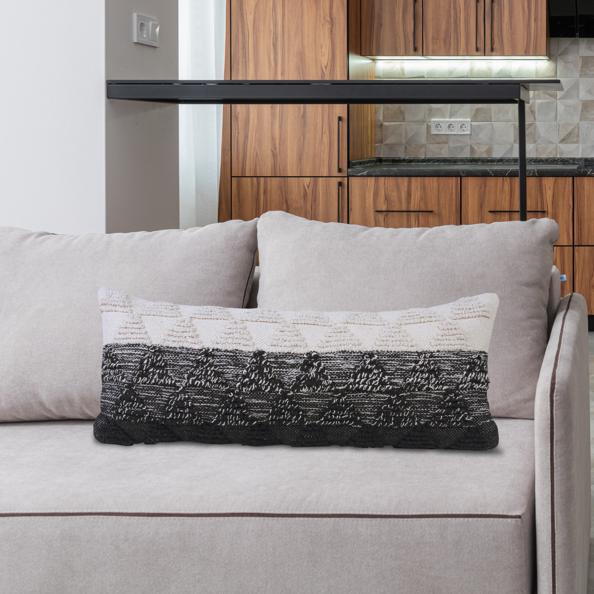 Laddha Home Designs Handwoven Two Tone Geometric Cotton Lumbar Pillow Cover - 36" - Black and White