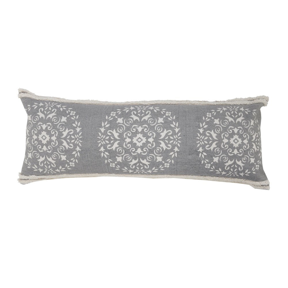 Gray and White Hand-Woven Organic Cotton Medallion Pillow Cover, 14" x 36"