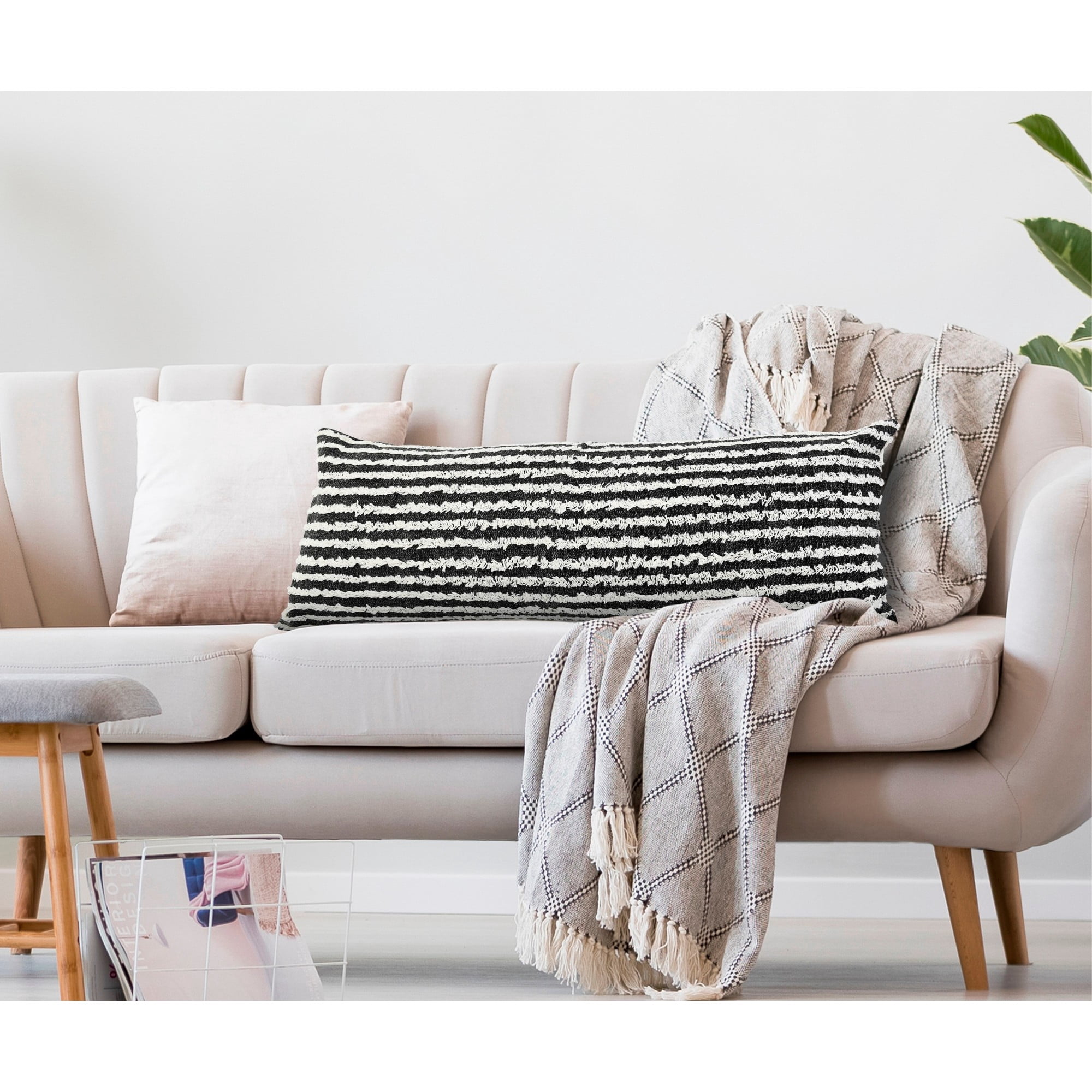 Laddha Home Designs Handmade Striped Rectangular Cotton Throw Pillow Cover - 36" - Black and White