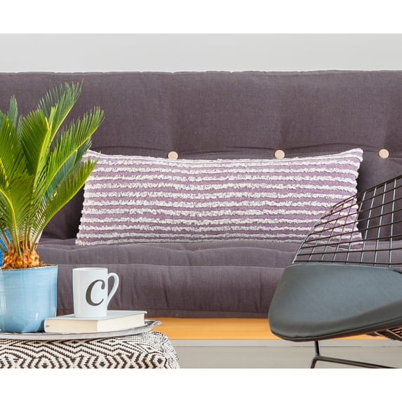 Laddha Home Designs Hand Stitched Striped Cotton Lumbar Pillow Cover - 36" - Purple and Red