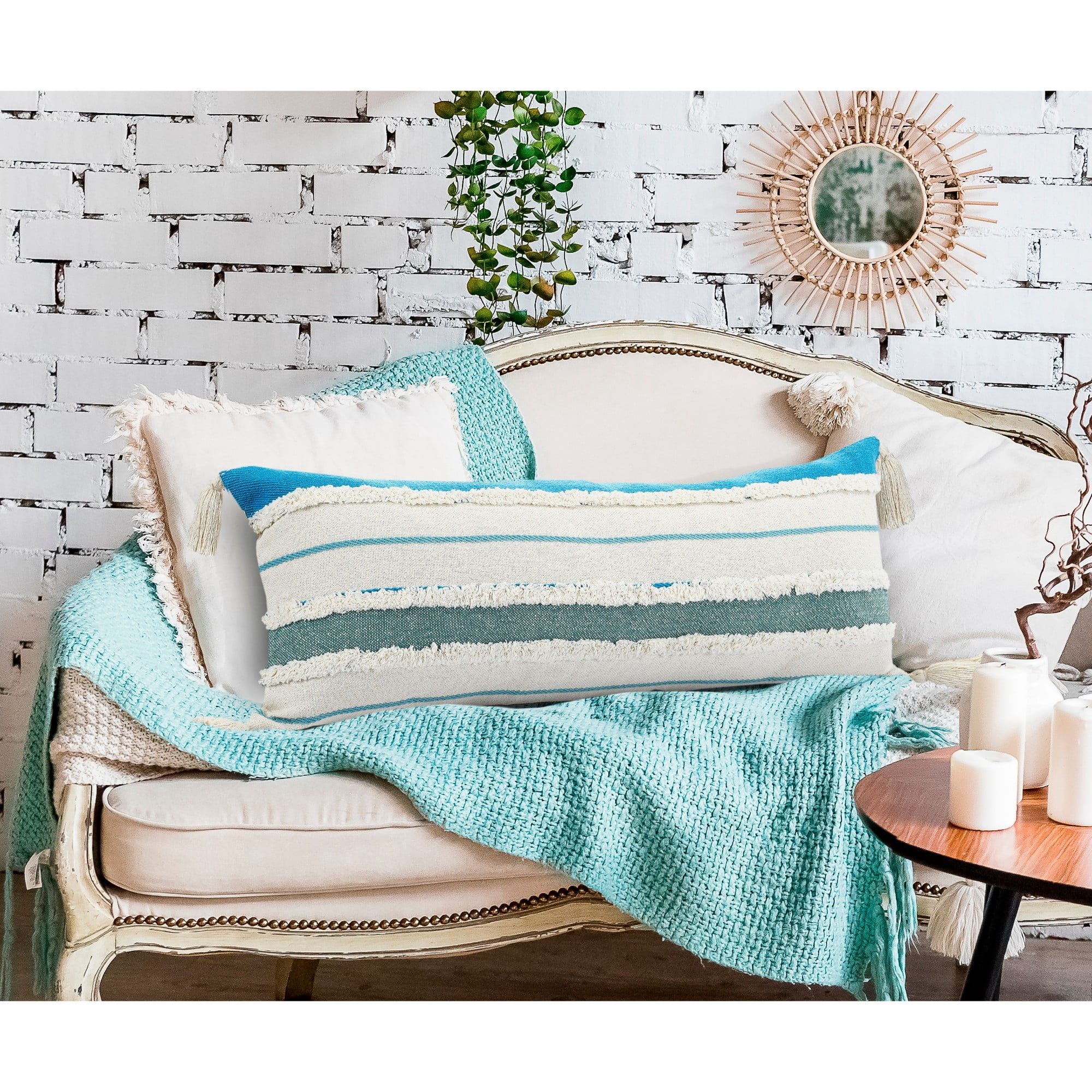 Laddha Home Designs Hand Stitched Striped Cotton Lumbar Pillow Cover - 36" - White and Blue