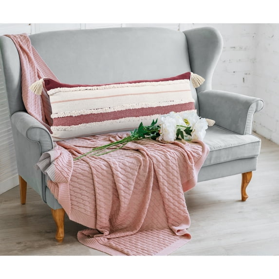 Laddha Home Designs Hand Stitched Striped Cotton Lumbar Pillow Cover - 36" - White and Red