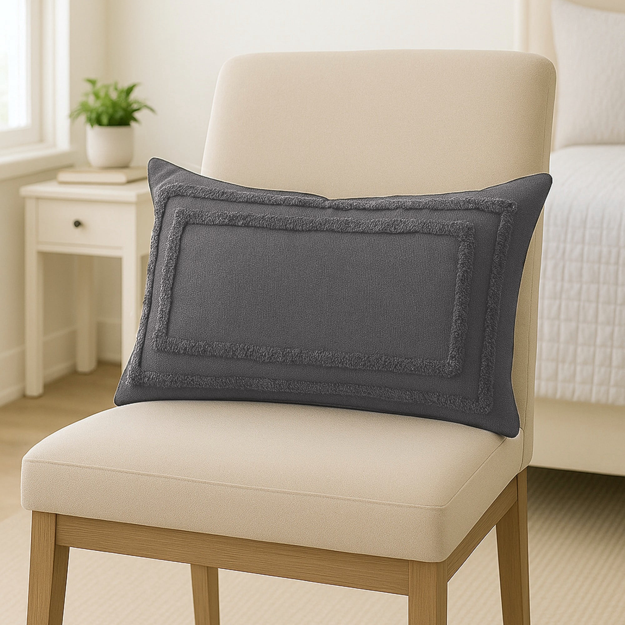 Laddha Home Designs Geometric Bordered Loomed Rectangular Cotton Lumbar Pillow Cover - 24" - Gray
