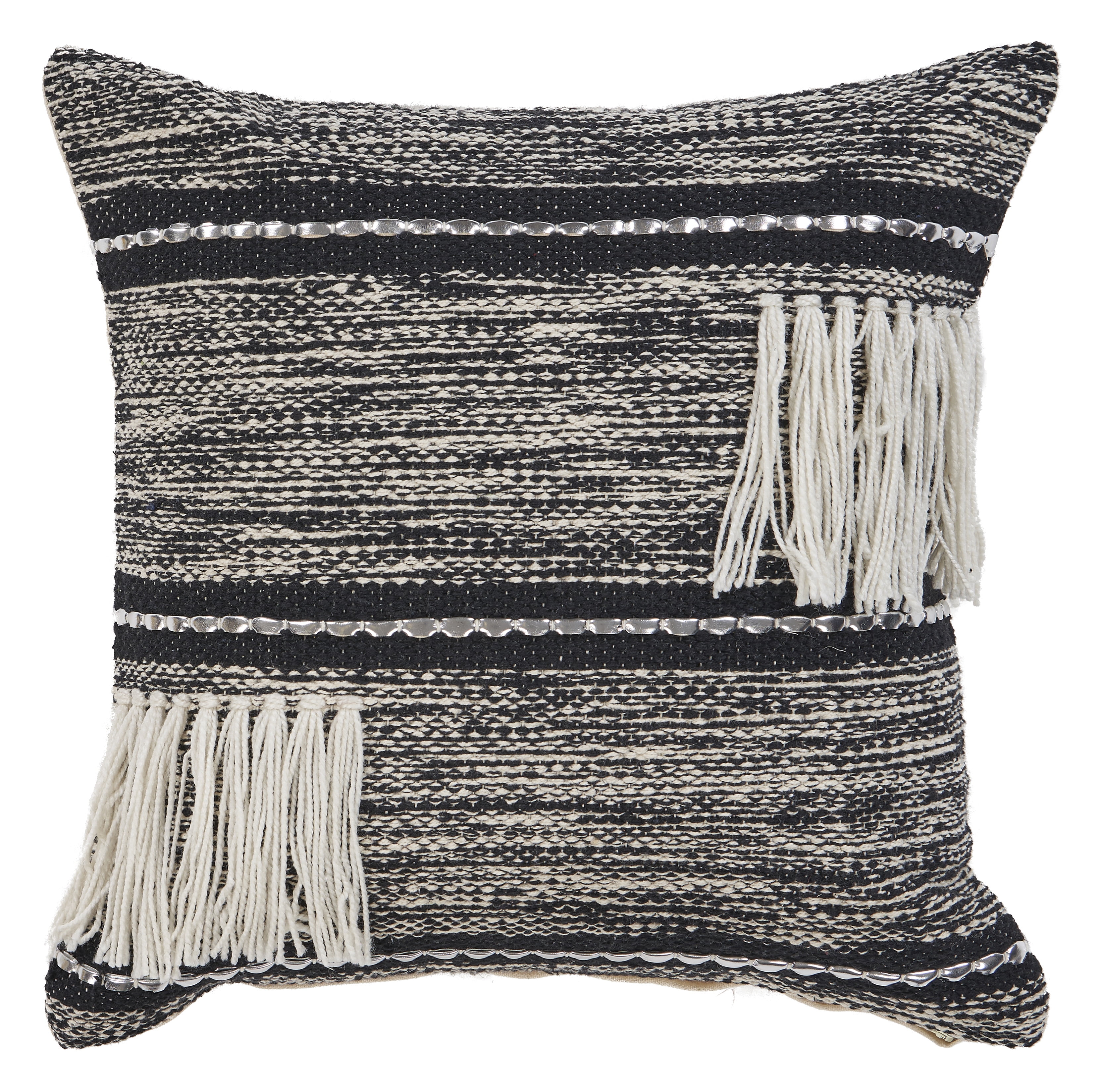 Laddha Home Designs Handwoven Over Tufted Striped Cotton Throw Pillow Cover - 18" - Black and White