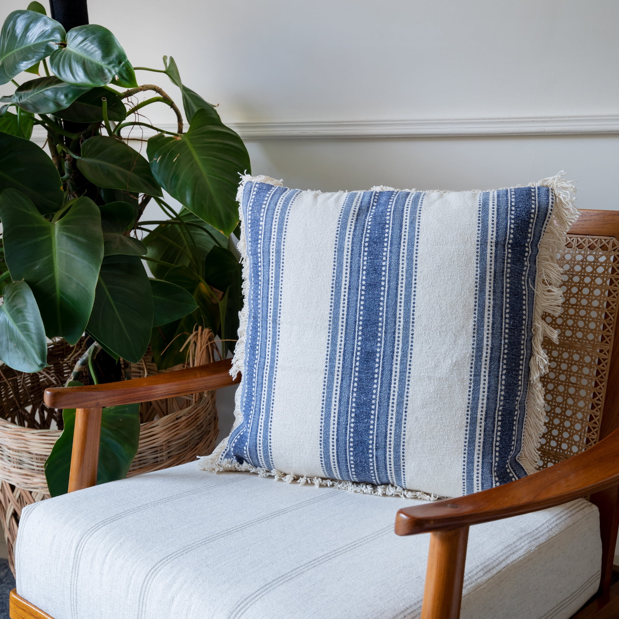 Hand-Woven Blue and White Organic Cotton Stripe Throw Pillow
