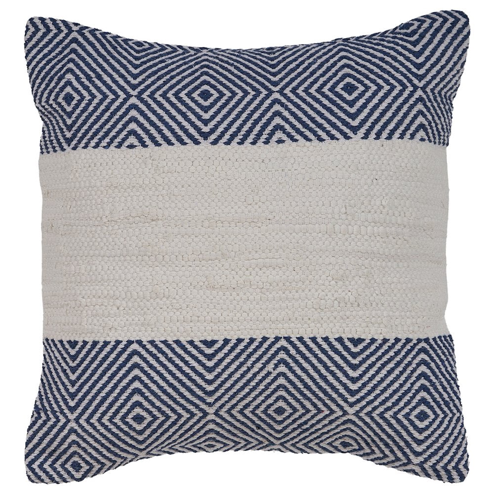 Ox Bay 18" x 18" Hand-Woven White/ Blue Diamond Cotton Blend Pillow Cover