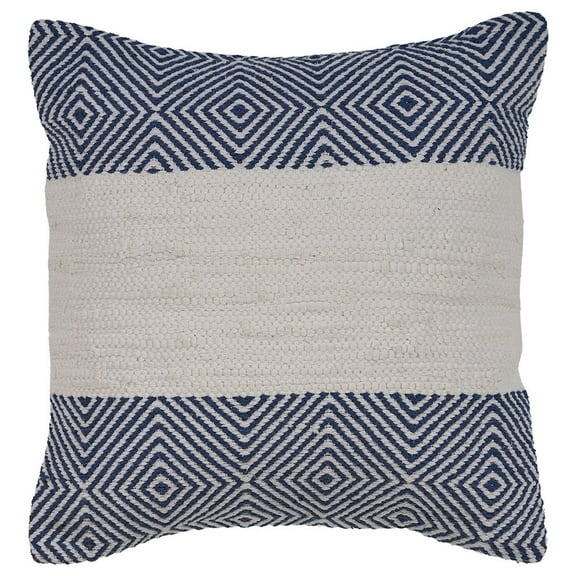 LR Home Ox Bay Hand-Woven White/Blue Diamond Cotton Blend Pillow Cover