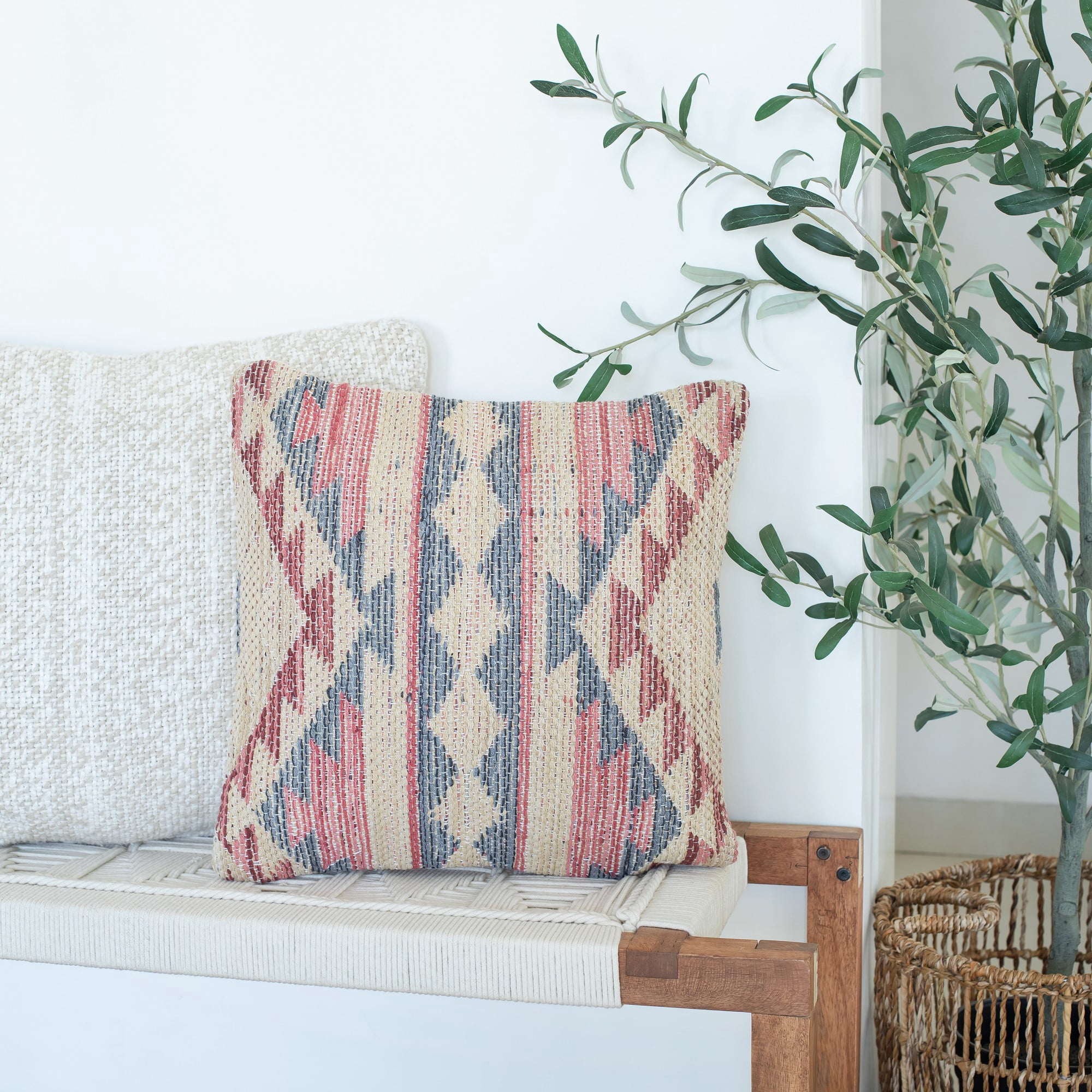 Laddha Home Designs Hand-Stitched Southwestern Cotton Throw Pillow Cover - 18" - Pink and Gray