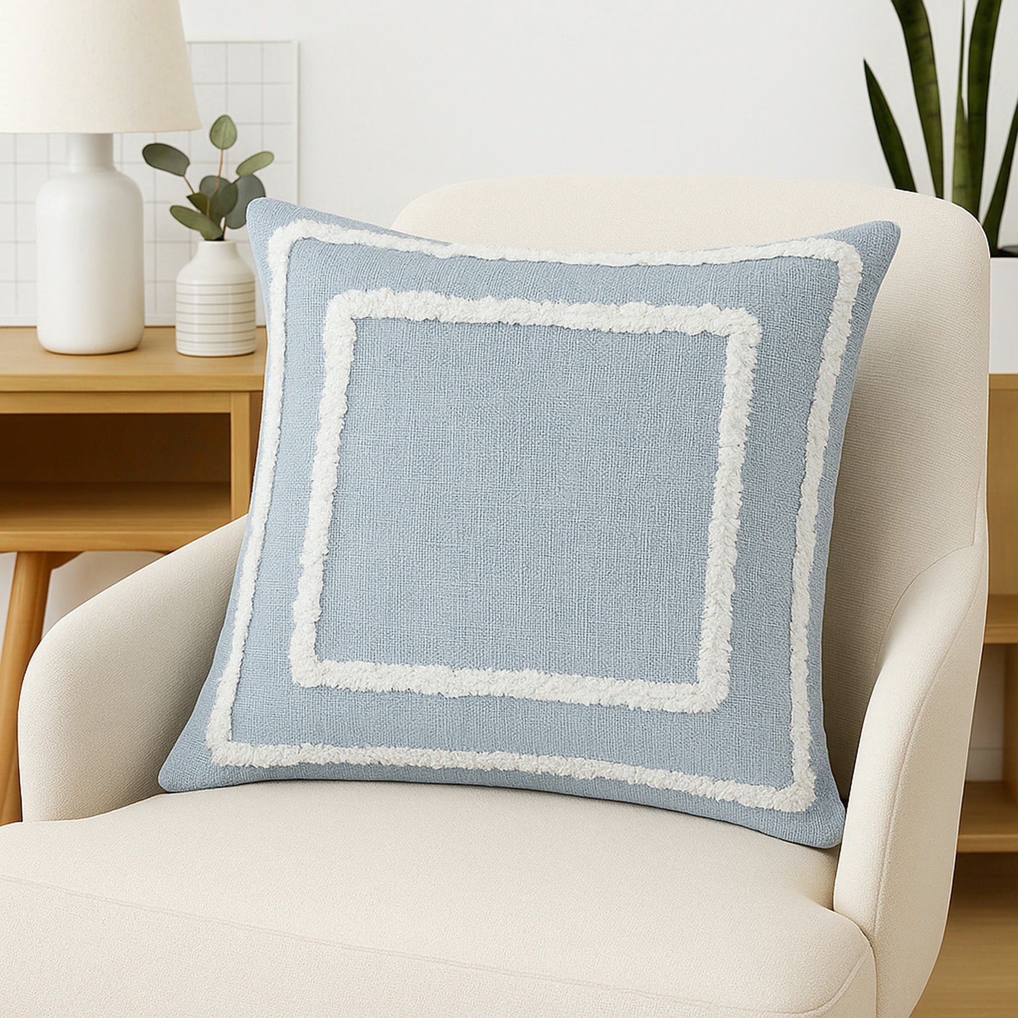 Laddha Home Designs Geometric Bordered Loomed Square Cotton Throw Pillow Cover - 20" - Sky Blue and