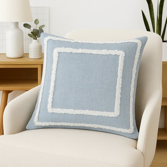 Laddha Home Designs Geometric Bordered Loomed Square Cotton Throw Pillow Cover - 20" - Sky Blue and