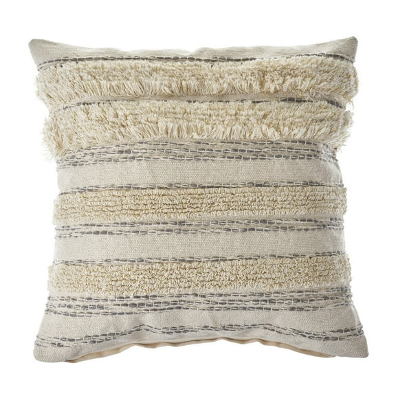 Ox Bay 20" x 20" Cream/Gray Shag Stripe Cotton Adult Decorative Adult Decorative Throw Pillow