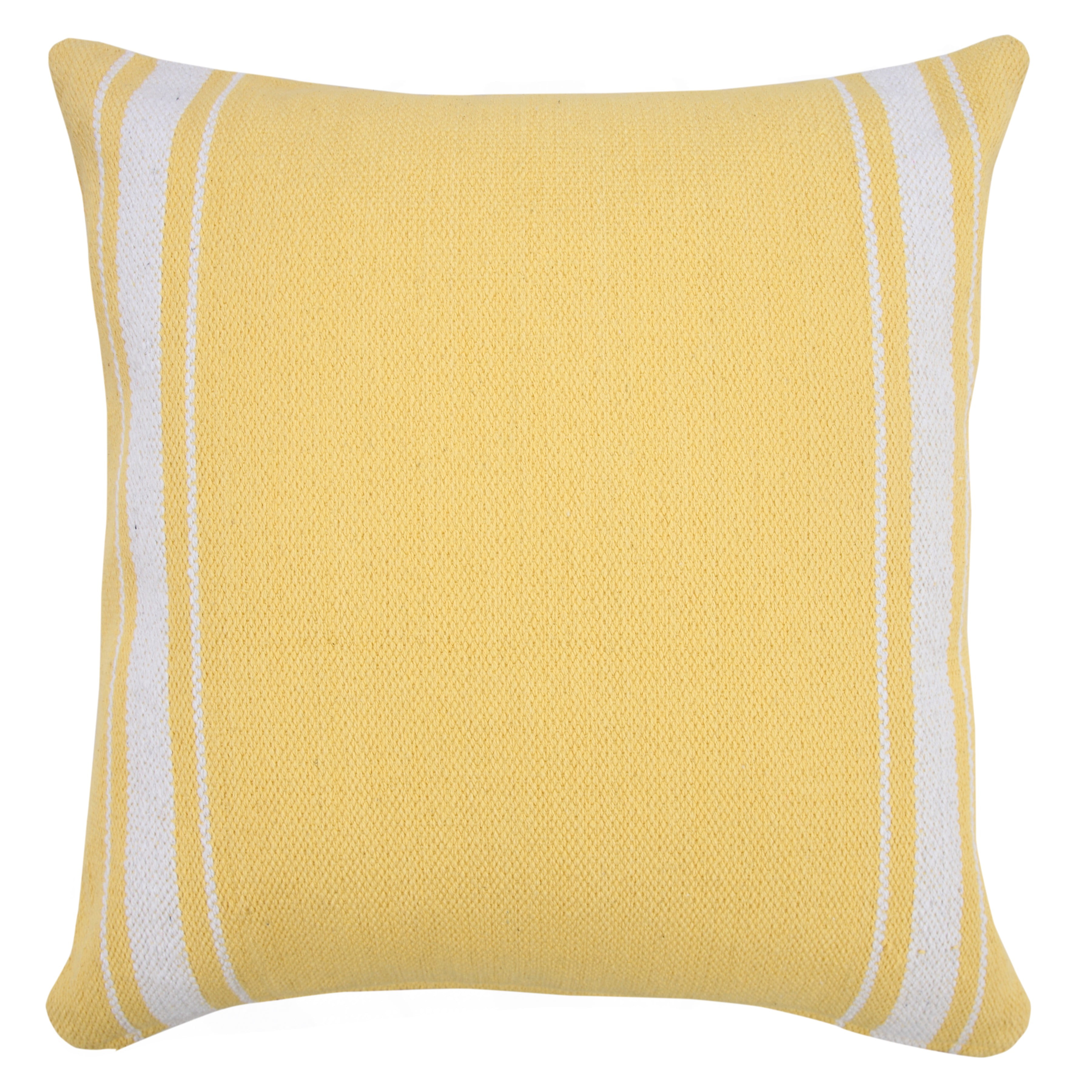 Yellow and White Cotton Striped 20" Square Throw Pillow