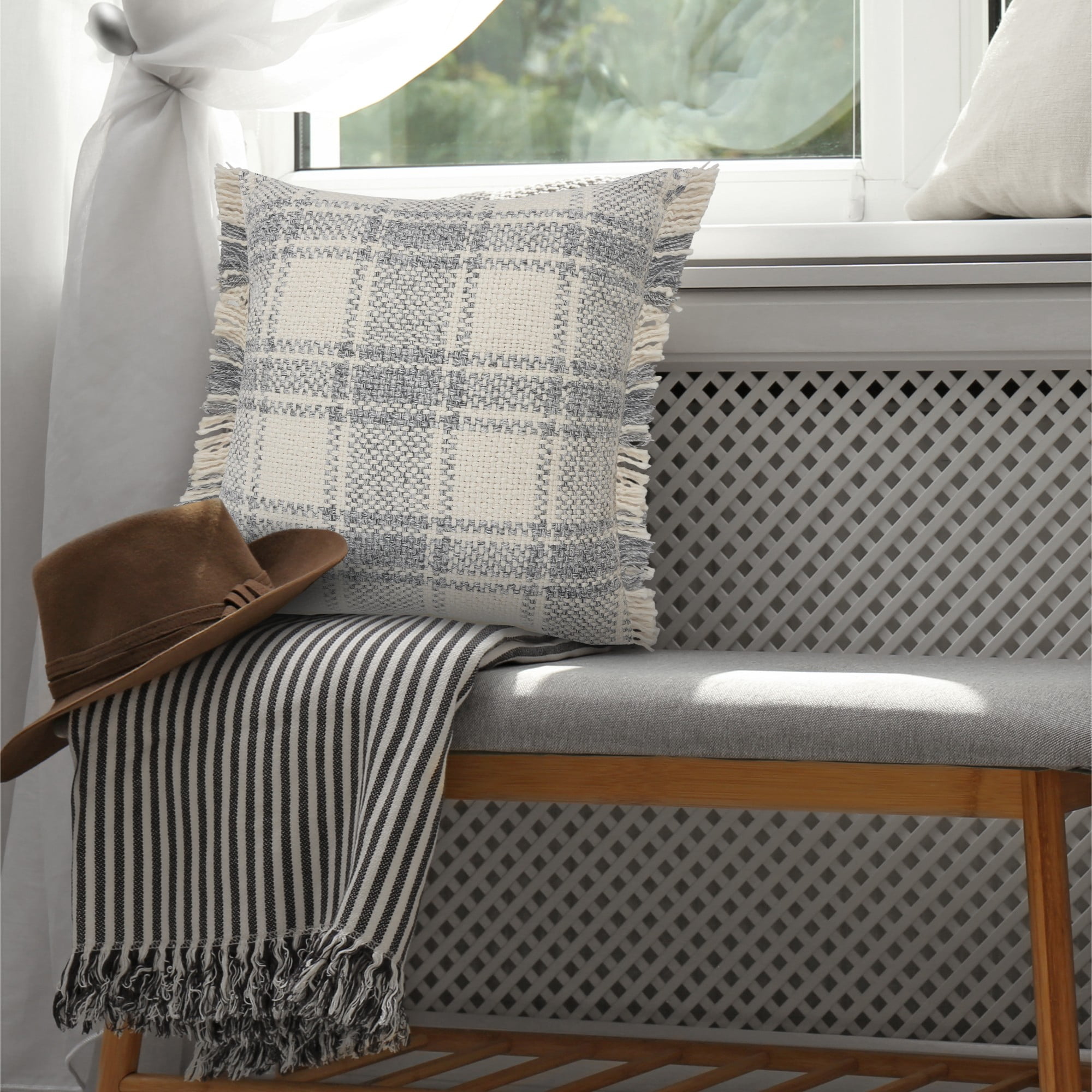 Laddha Home Designs Loomed Plaid Cotton Throw Pillow Cover - 20" - Gray and White