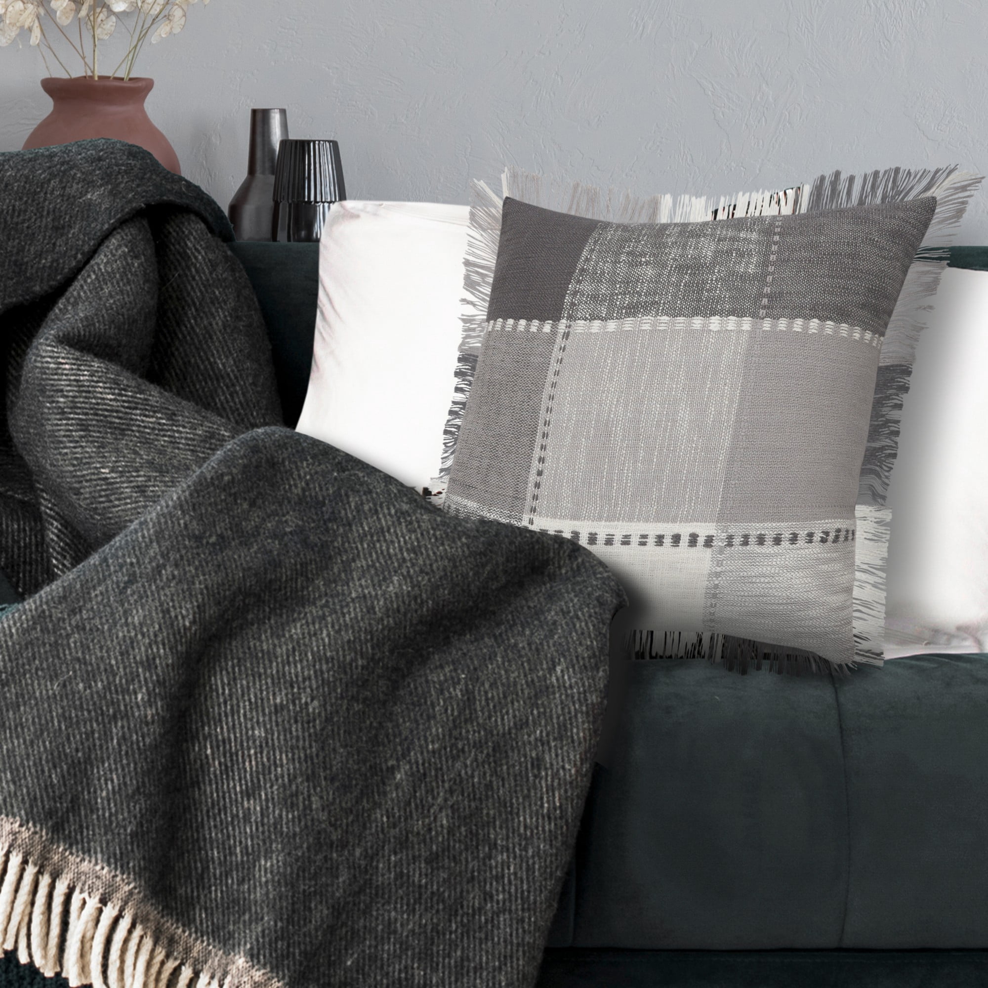 Laddha Home Designs Loomed Plaid Patchwork Cotton Throw Pillow Cover - 20" - Gray and White