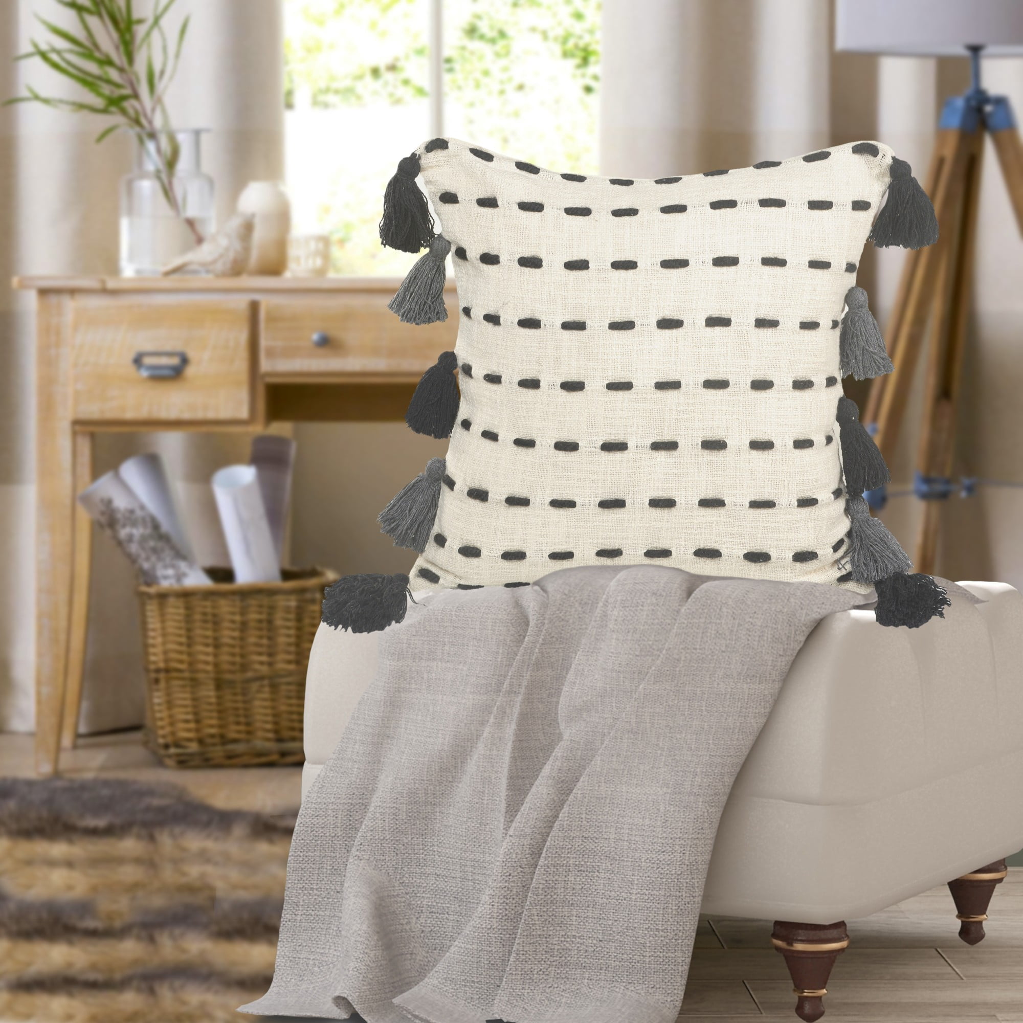 Laddha Home Designs Handwoven Striped Embroidered Cotton Throw Pillow Cover - 20" - Cream and Black