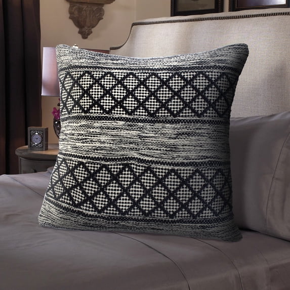 Laddha Home Designs Handwoven Diamond Cotton Throw Pillow Cover - 20" - Gray and Black