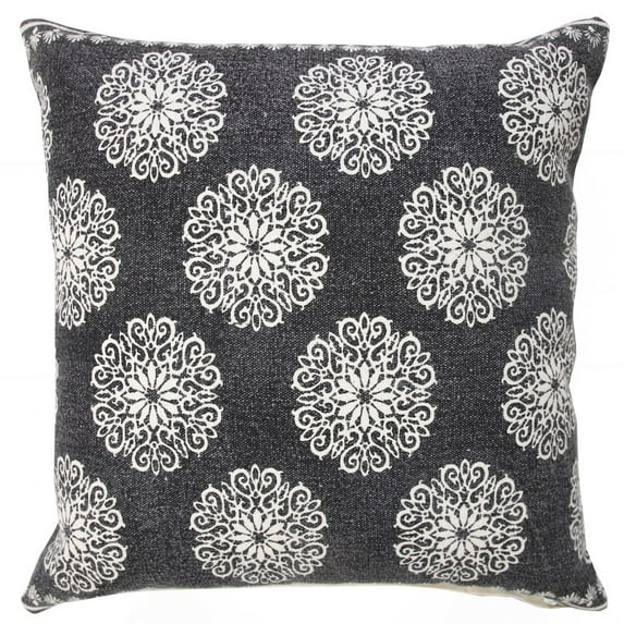 LR Home Ox Bay Hand-Woven Black/White Floral/Botanical All-Natural Cotton Pillow Cover