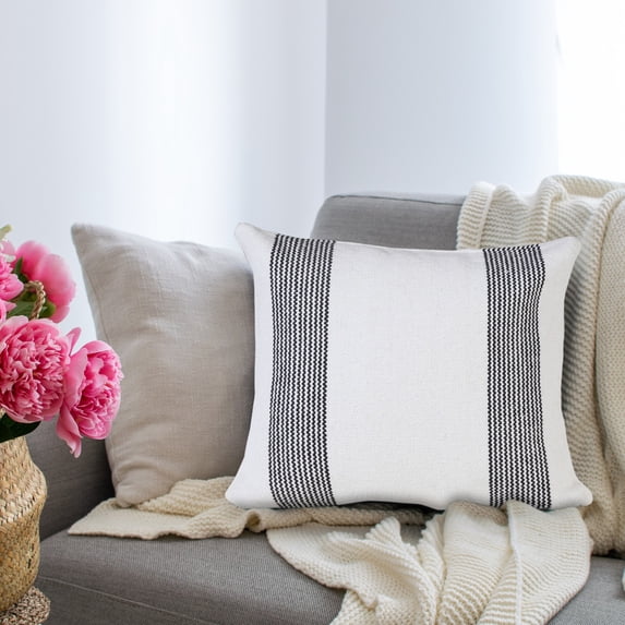 Laddha Home Designs Handwoven Geometric Striped Cotton Throw Pillow Cover - 20" - White and Black
