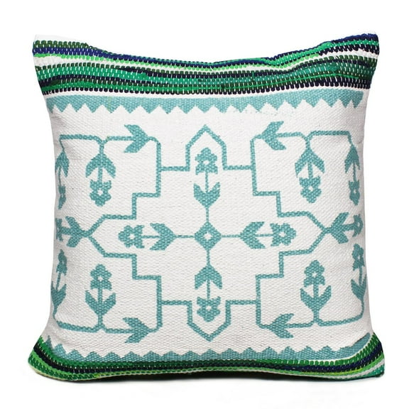 LR Home Ox Bay Hand-Woven Blue/White Floral/Botanical Cotton Blend Pillow Cover