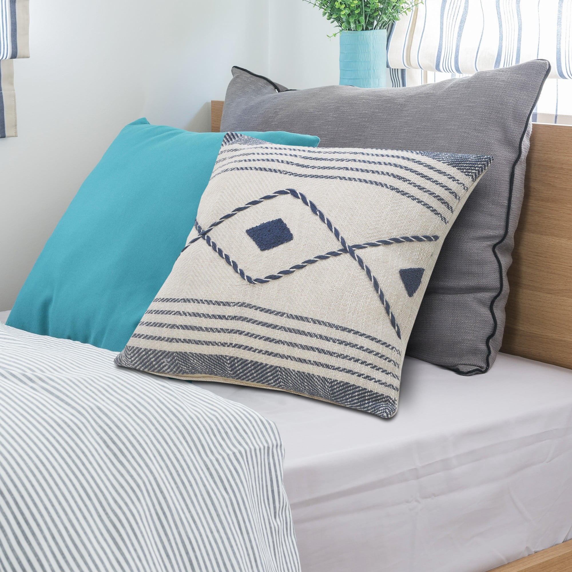 Laddha Home Designs Handwoven Diamond Cotton Throw Pillow Cover - 20" - White and Blue