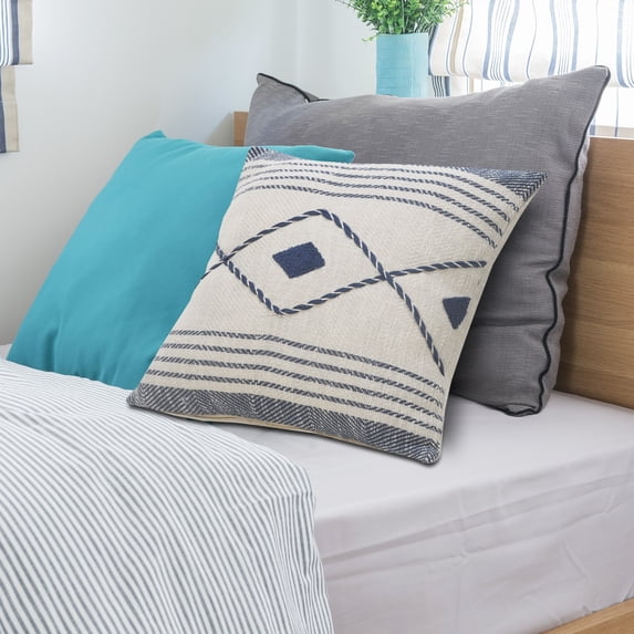 Laddha Home Designs Handwoven Diamond Cotton Throw Pillow Cover - 20" - White and Blue