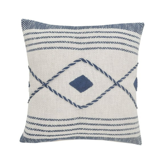 LR Home Ox Bay Hand-Woven Blue/White Geometric All-Natural Cotton Pillow Cover