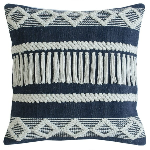 LR Home Ox Bay Hand-Woven Blue/White Stripe Cotton Blend Pillow Cover