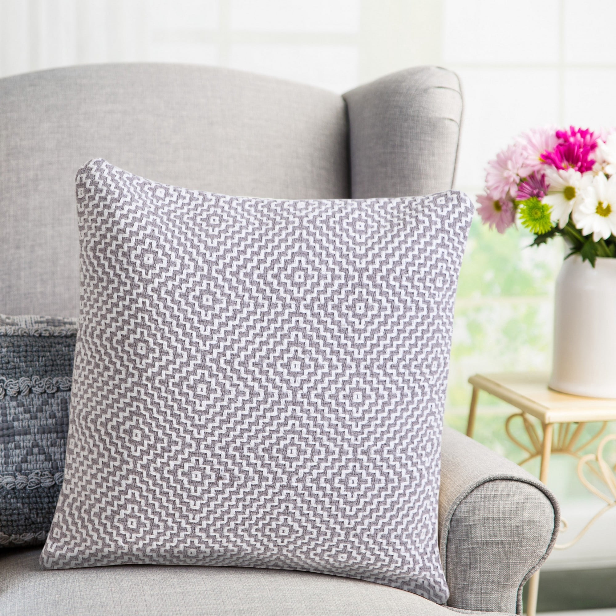 Laddha Home Designs Handwoven Diamond Cotton Throw Pillow Cover - 20" - Gray and White