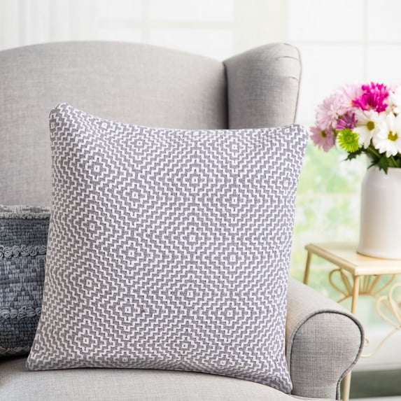 Laddha Home Designs Handwoven Diamond Cotton Throw Pillow Cover - 20" - Gray and White