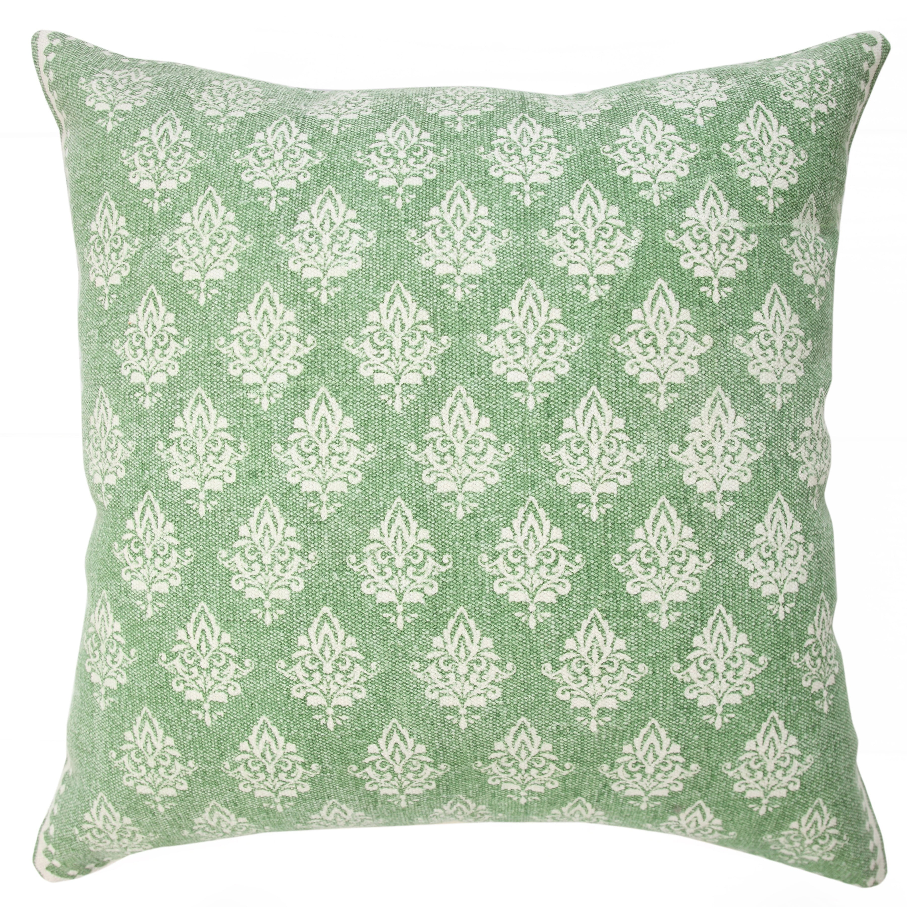 Hand-Woven Green and White Organic Cotton Botanical Throw Pillow Cover