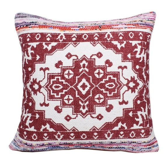 LR Home Ox Bay Hand-Woven Red/White Medallion Cotton Blend Pillow Cover