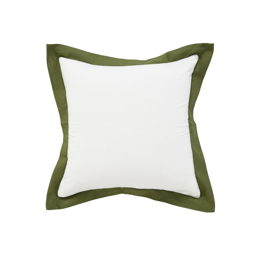 LR Home Ox Bay Hand-Woven White/Green Bordered All-Natural Cotton Pillow Cover