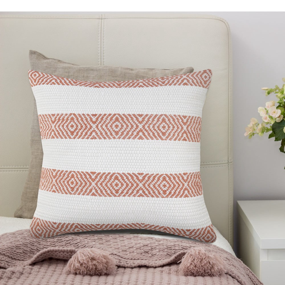 LR Home Ox Bay Hand-Woven White/Orange Diamond All-Natural Cotton Pillow Cover