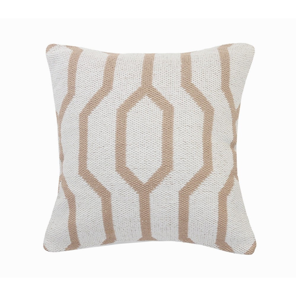 Hand-Woven White and Tan Geometric Organic Cotton Throw Pillow