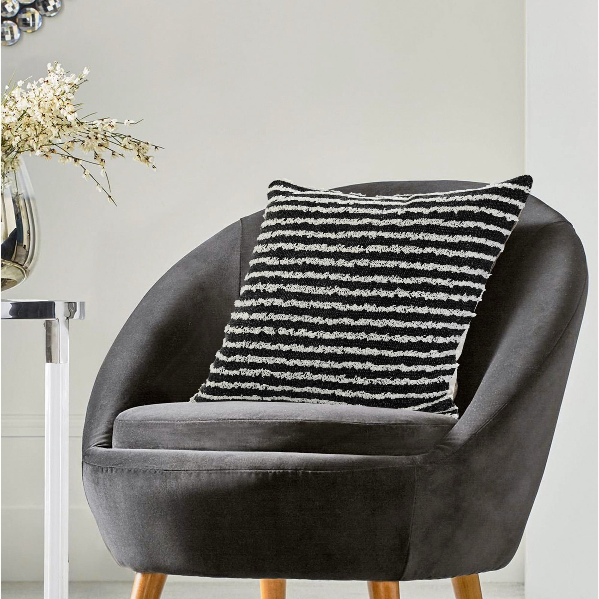 Laddha Home Designs Handmade Striped Square Cotton Throw Pillow Cover - 20" - Black and White