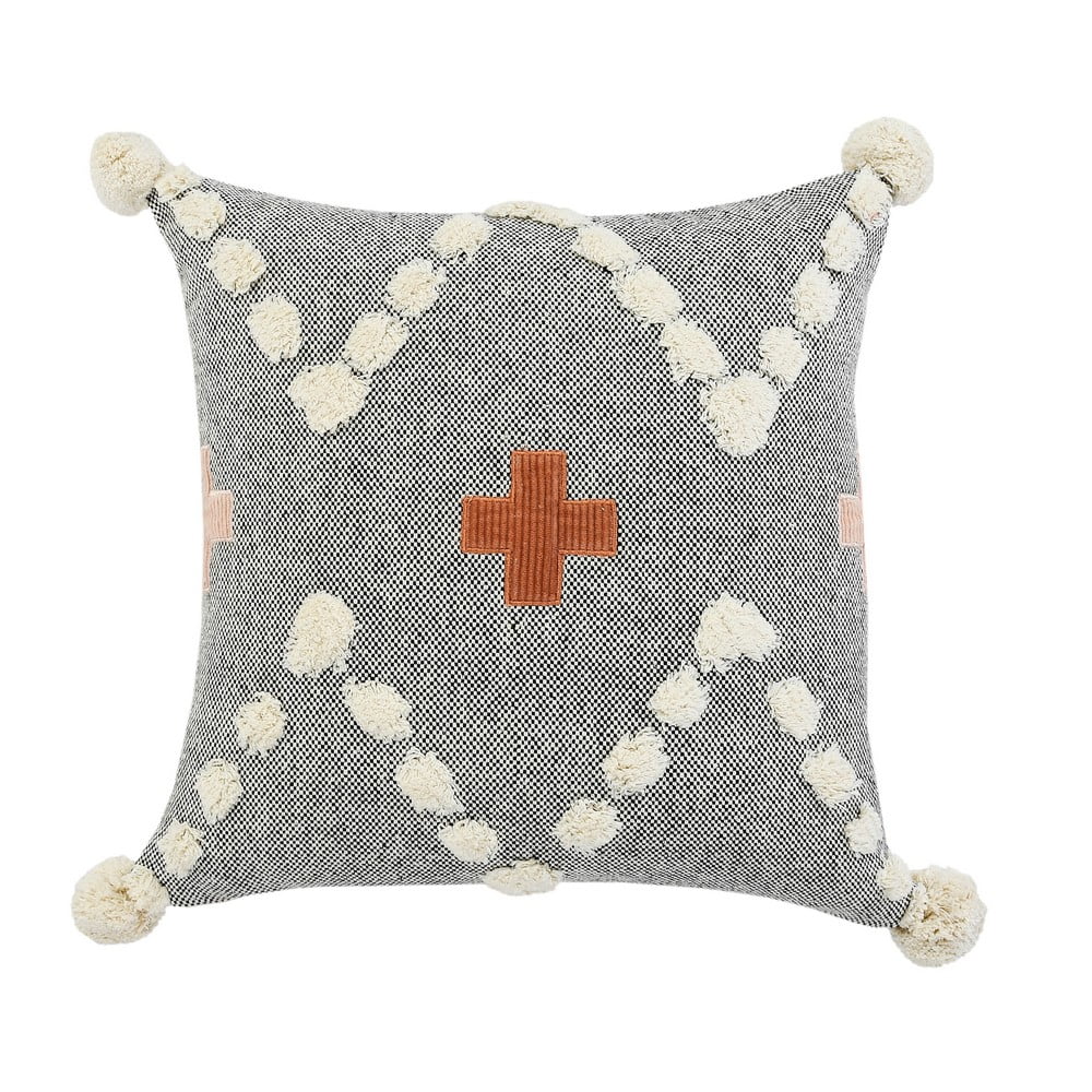 Hand-Stitched Gray and Orange Organic Cotton Throw Pillow
