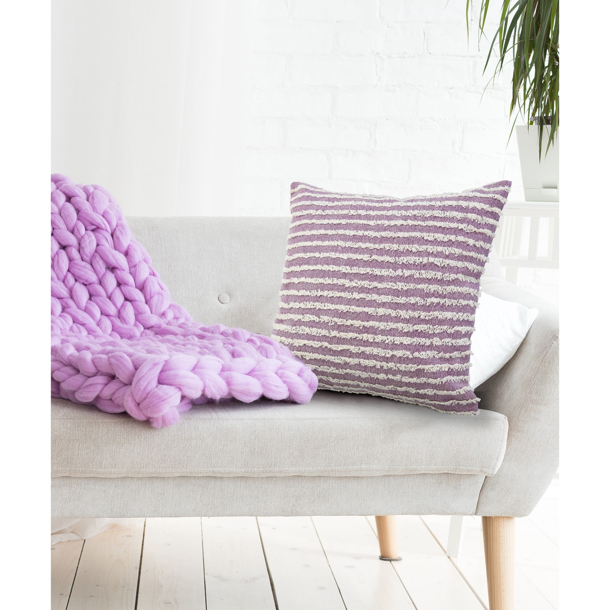 Laddha Home Designs Hand-Stitched Striped Cotton Throw Pillow Cover - 20" - Purple and White