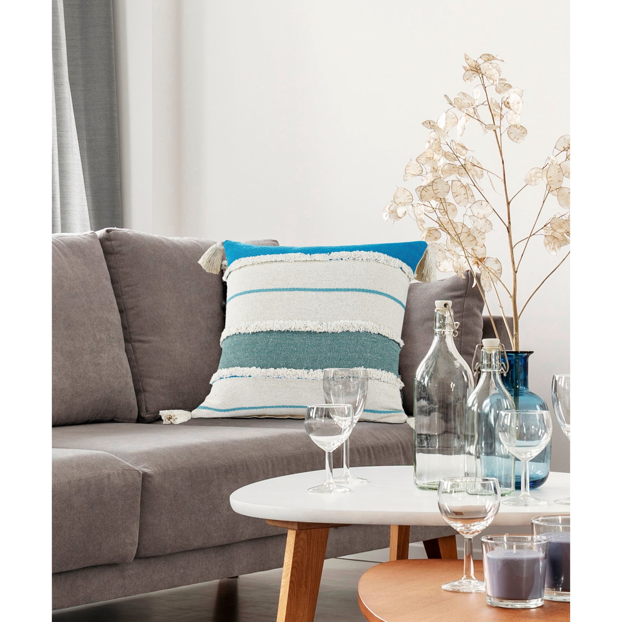 Laddha Home Designs Hand-Stitched Striped Cotton Throw Pillow Cover - 20" - White and Blue