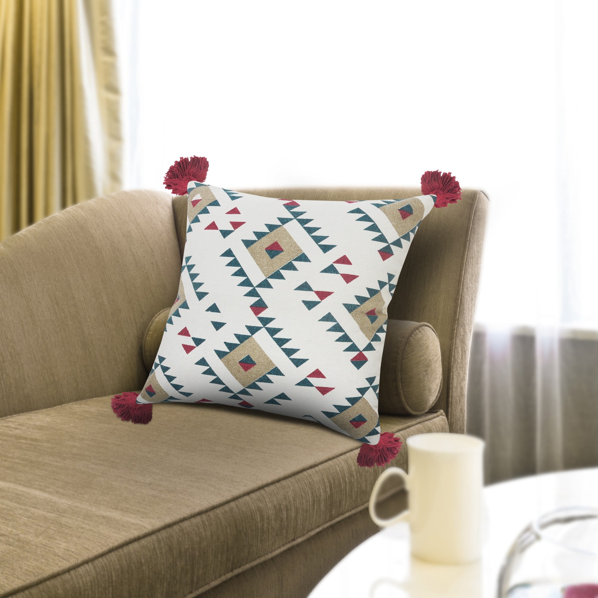 Laddha Home Designs Hand-Stitched Braided Diamond Cotton Throw Pillow Cover - 20" - White and Red