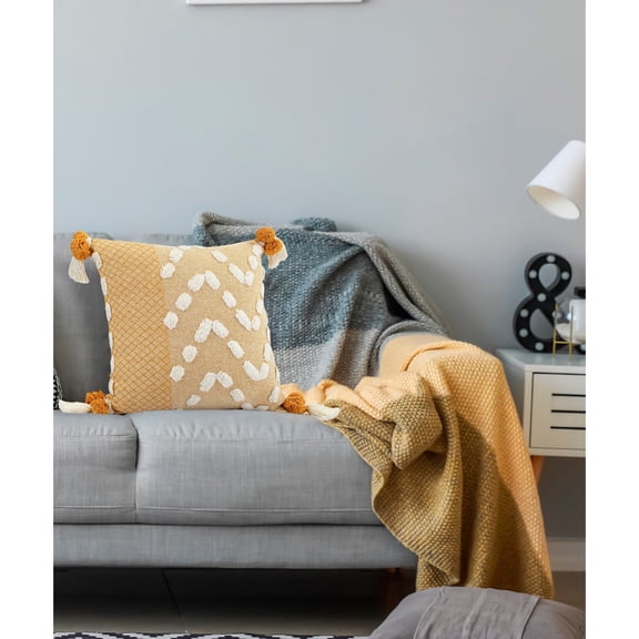 Laddha Home Designs Hand Stitched Over Tufted Zig Zag Cotton Throw Pillow Cover - 20" - Yellow and