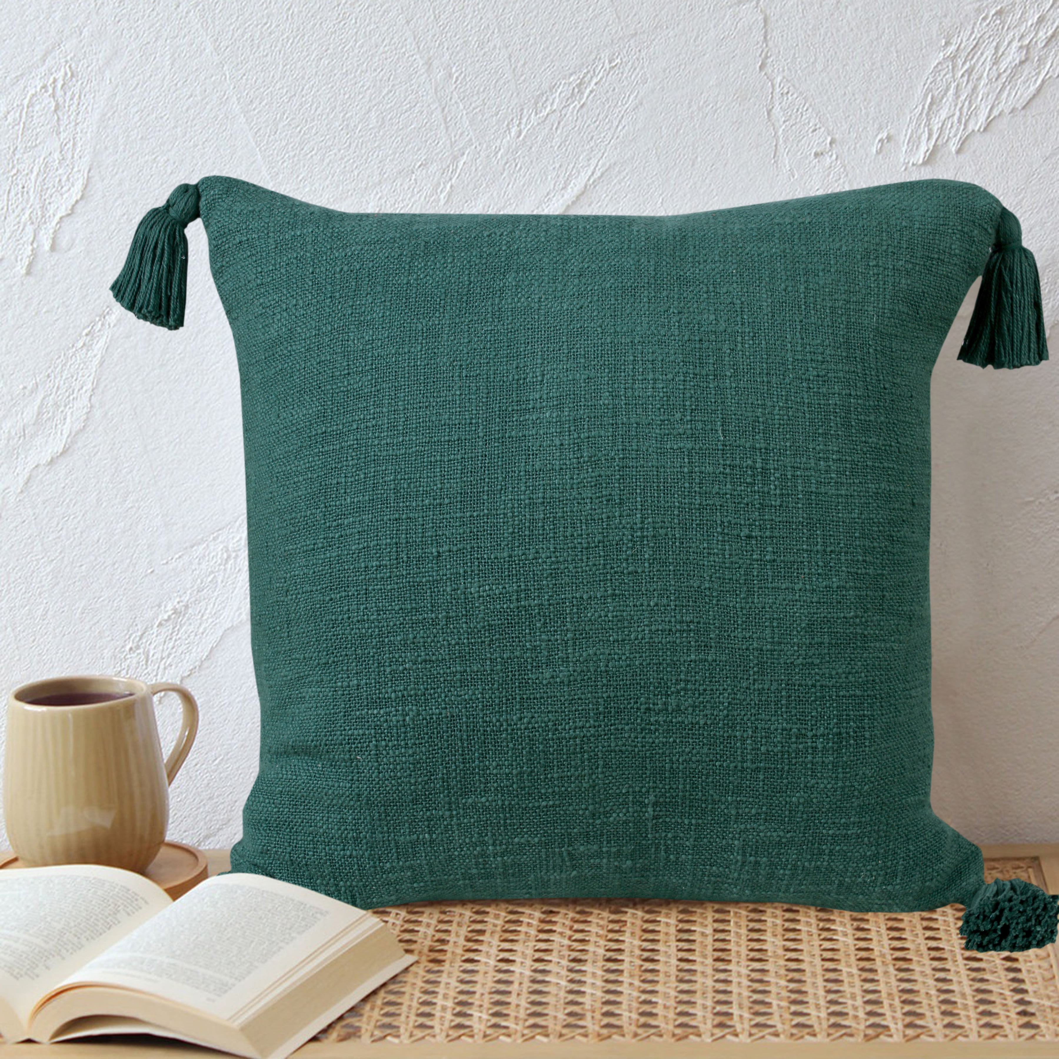 Green Cotton 20" x 20" Throw Pillow with Tassels