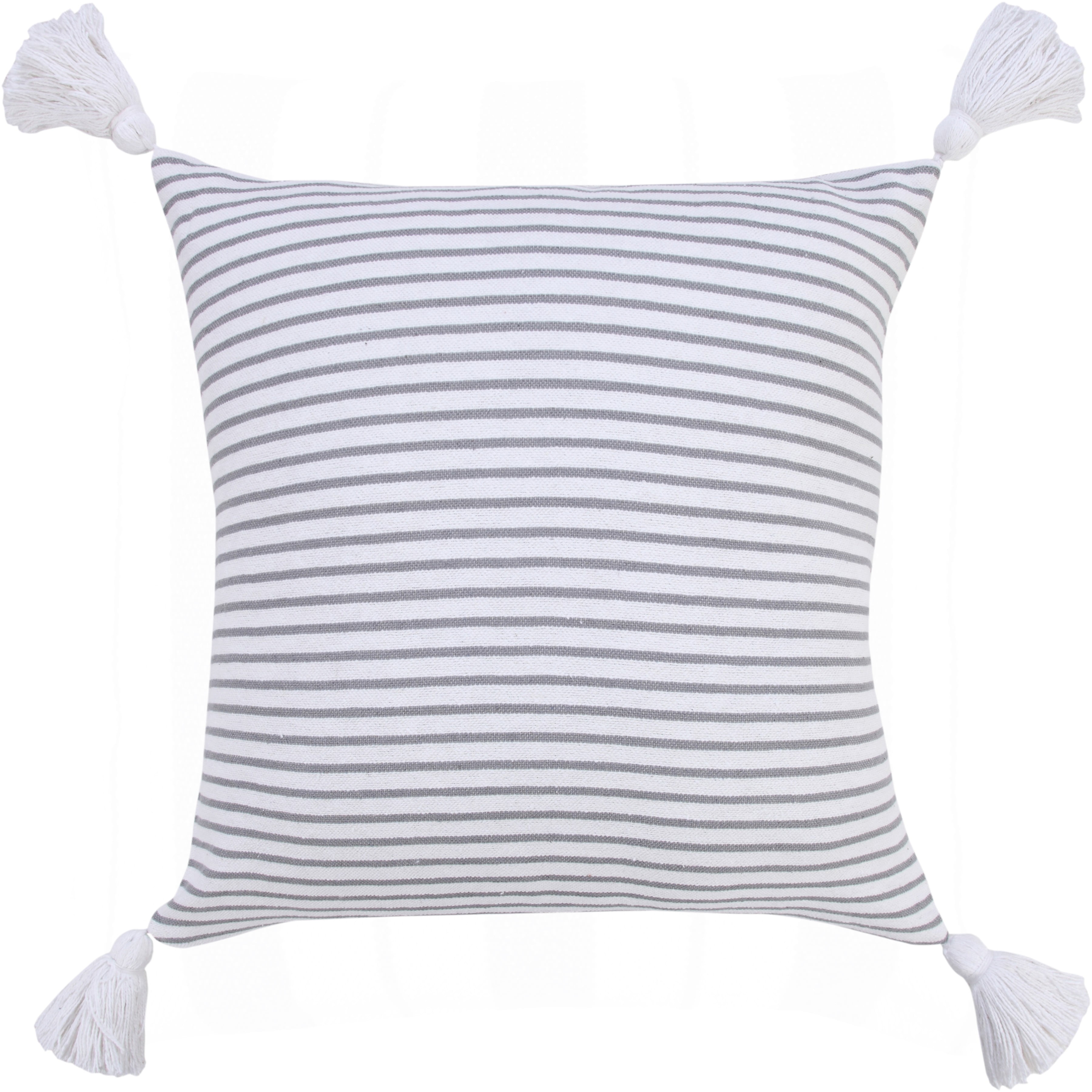 Gray and White Striped Cotton Square Throw Pillow with Tassels