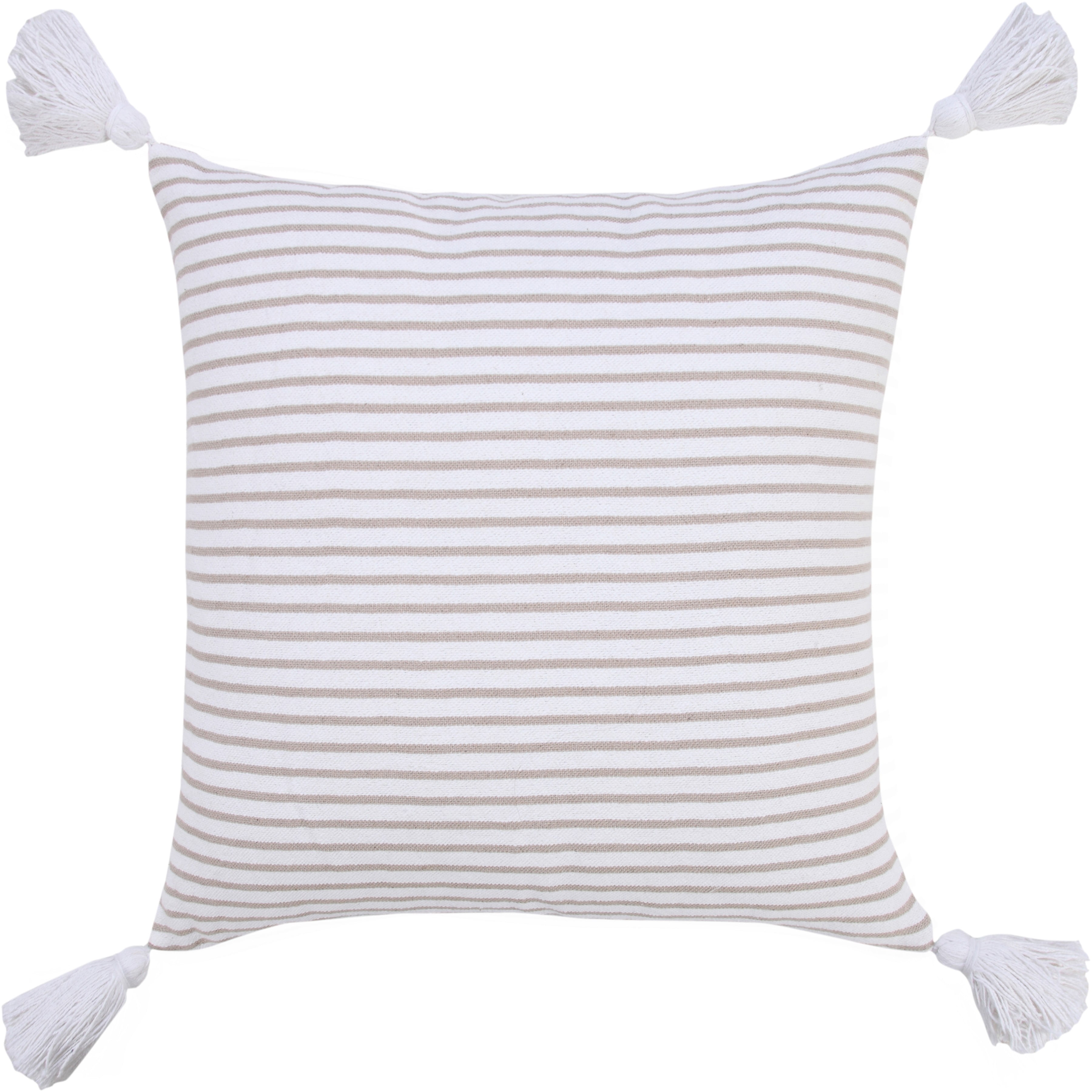 Beige and White Striped Cotton Throw Pillow with Tassels