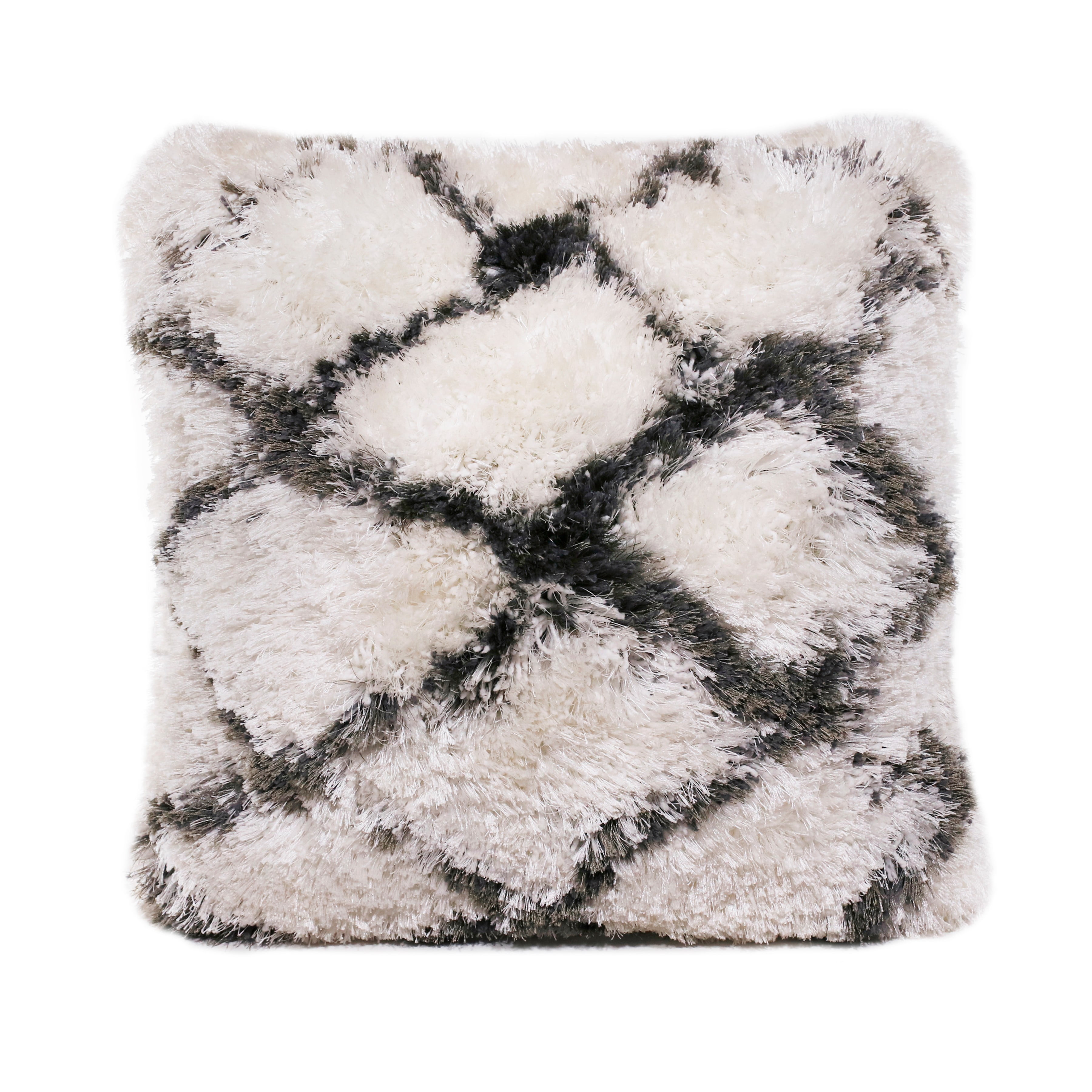 20" White and Black Diamond Shag Throw Pillow