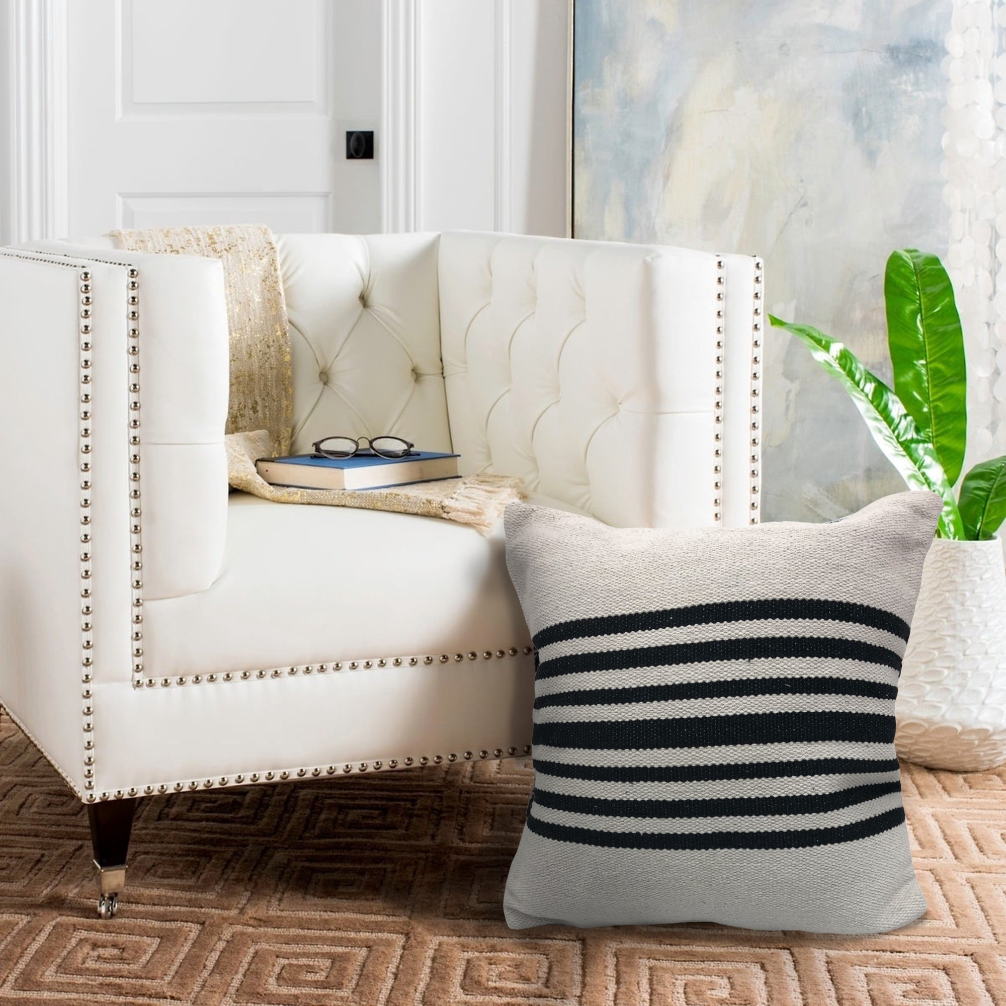 Laddha Home Designs Handwoven Reversible Striped Cotton Throw Pillow Cover - 22" - White and Black