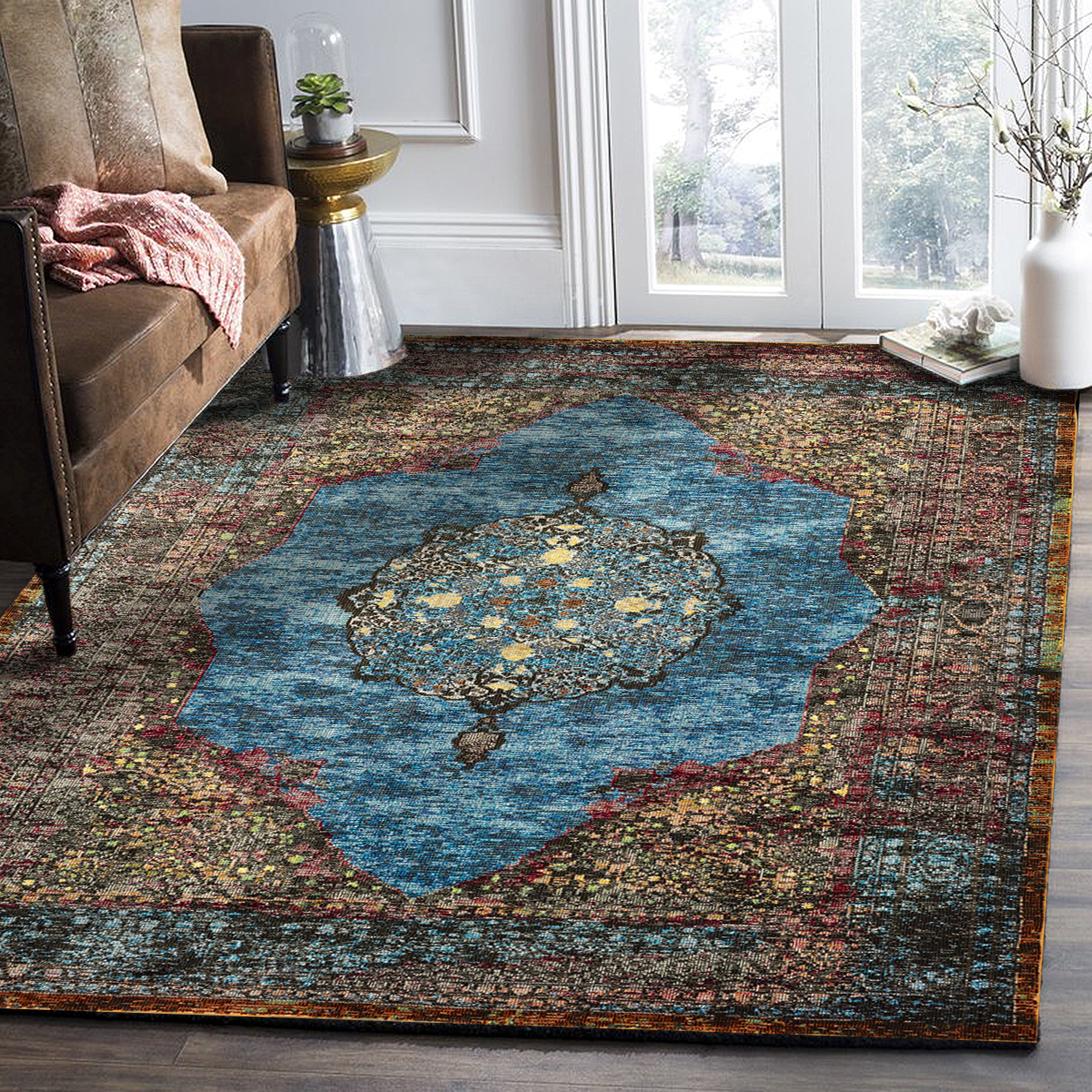 Ox Bay Ada 2' x 3' Blue Bordered Medallion Floral Durable Indoor Area Rug
