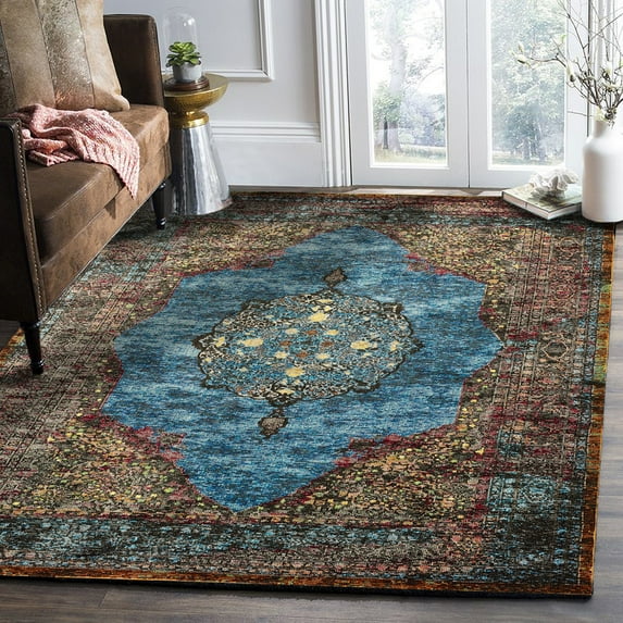 Ox Bay Ada 2' x 3' Blue Bordered Medallion Floral Durable Indoor Area Rug
